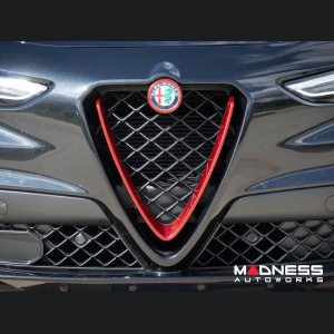 Alfa Romeo Stelvio Front V Shield Grill Frame + Emblem Frame Kit - Carbon Fiber - Red Candy - QV Model